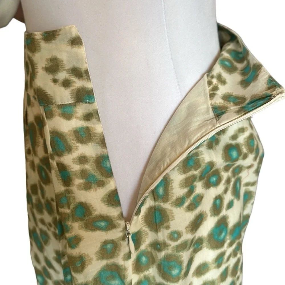 LOFT skirt cream aqua blue side zip lined 100% cotton Sz 10
